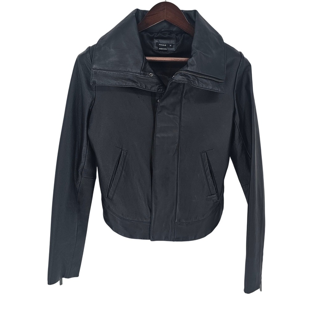 Nixon Black Leather Moto Jacket Oversized Funnel Neck Pleated Back Women's M